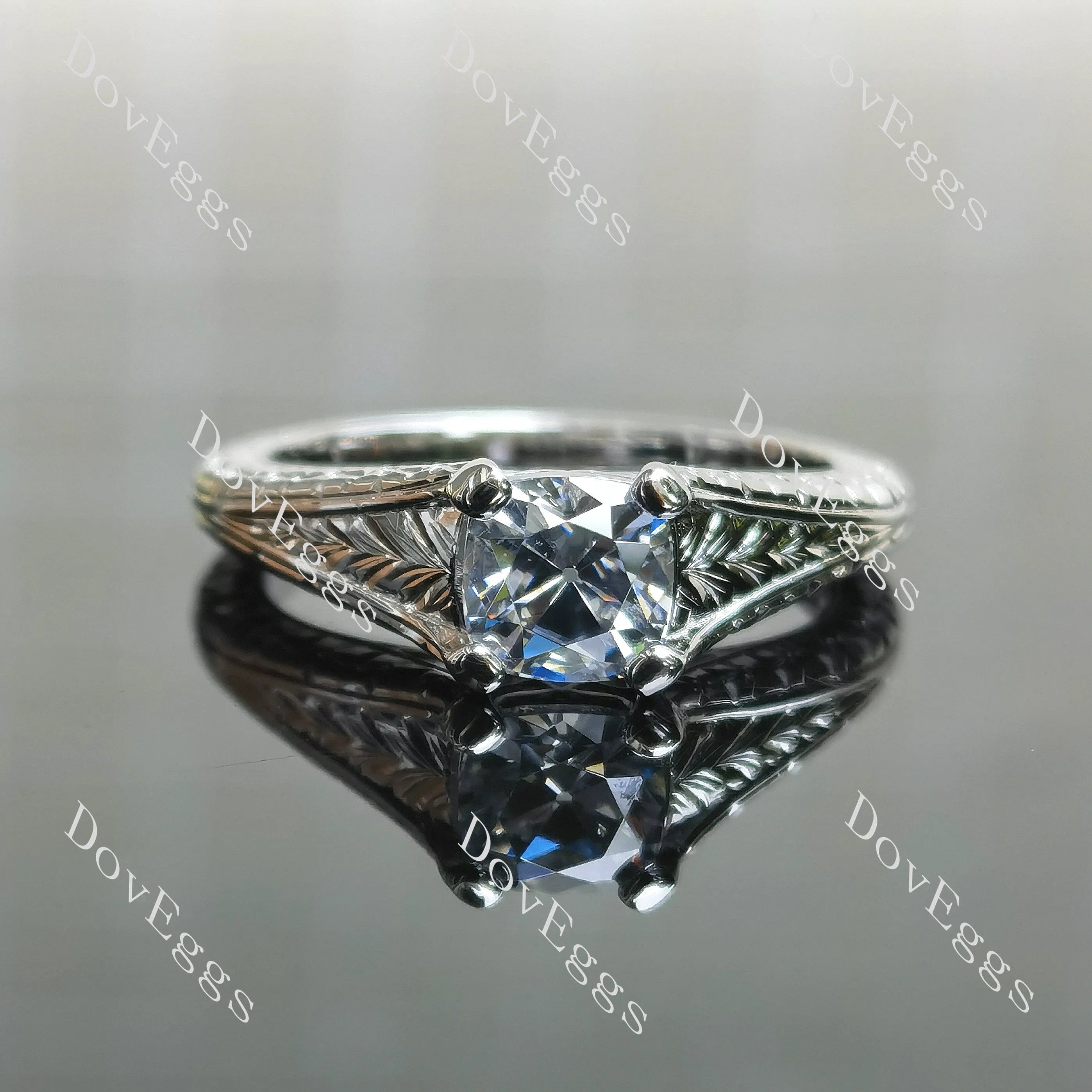 Cushion carved solitaire stardust grey moissanite engagement ring| DovEggs