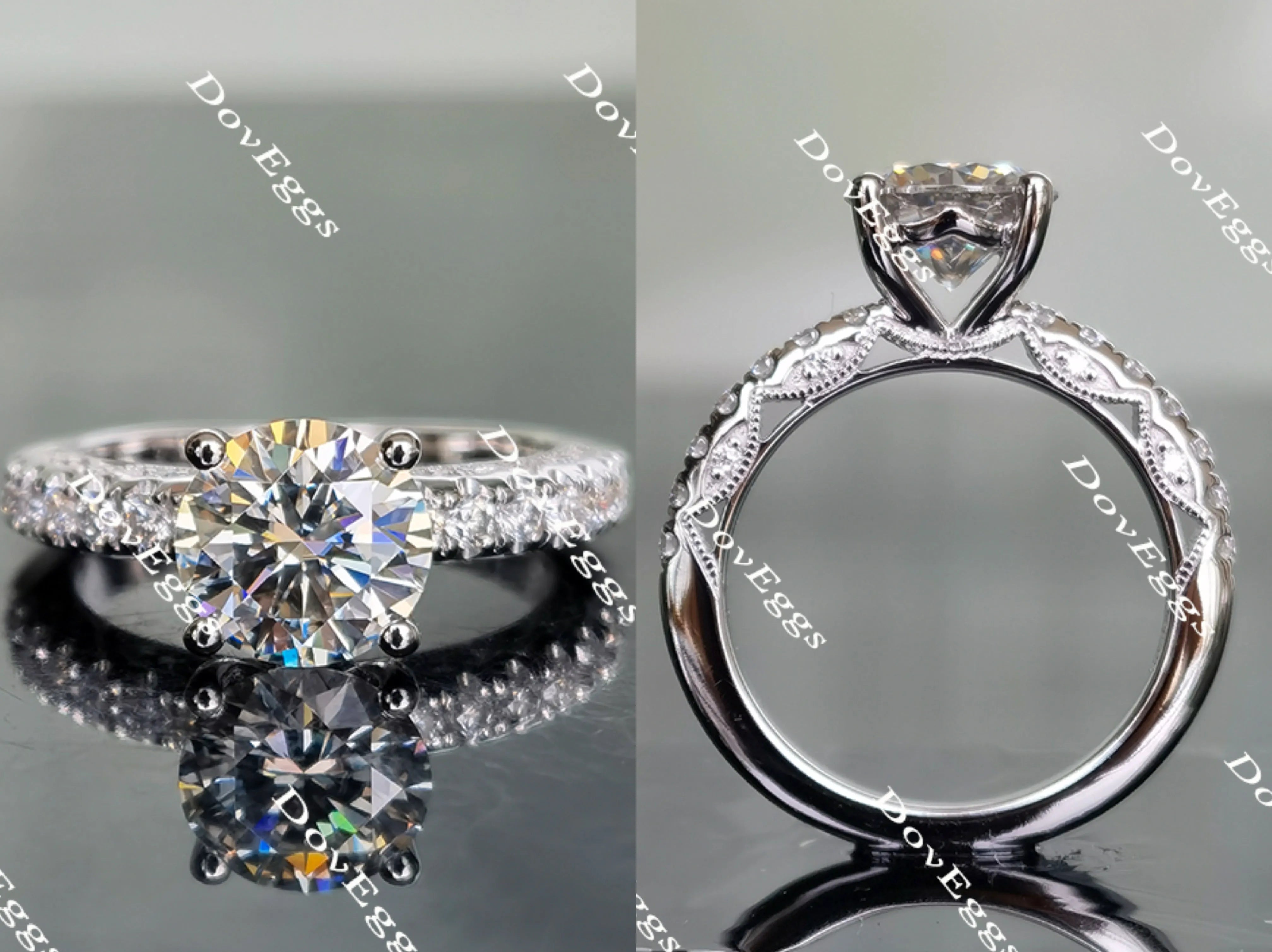 Doveggs round half eternity pave moissanite engagement ring