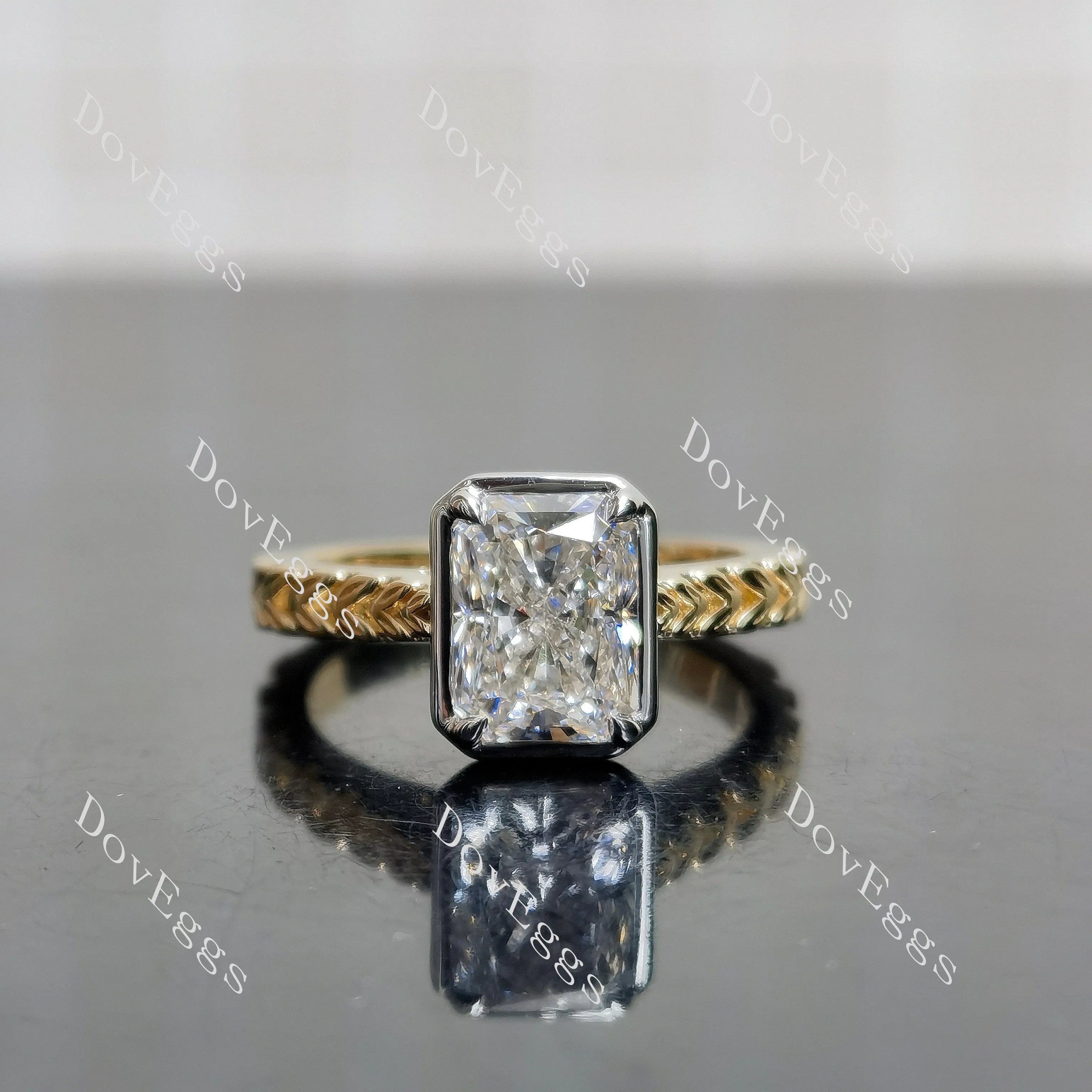 Doveggs Radiant Bezel Carved Lab Grown Diamond Engagement Ring
