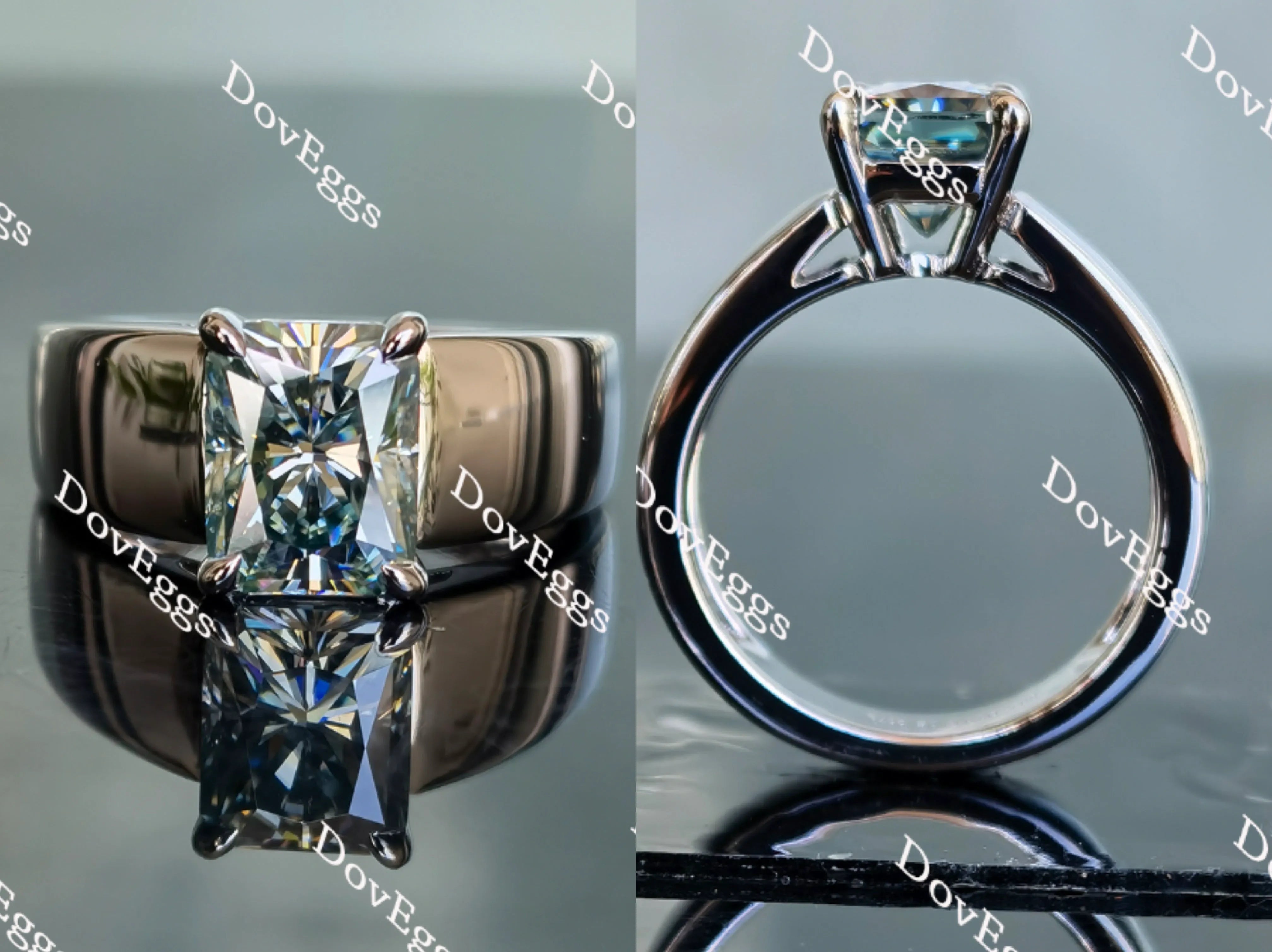 Doveggs smokey spark grey radiant H&A cut solitaire wide band moissanite ring