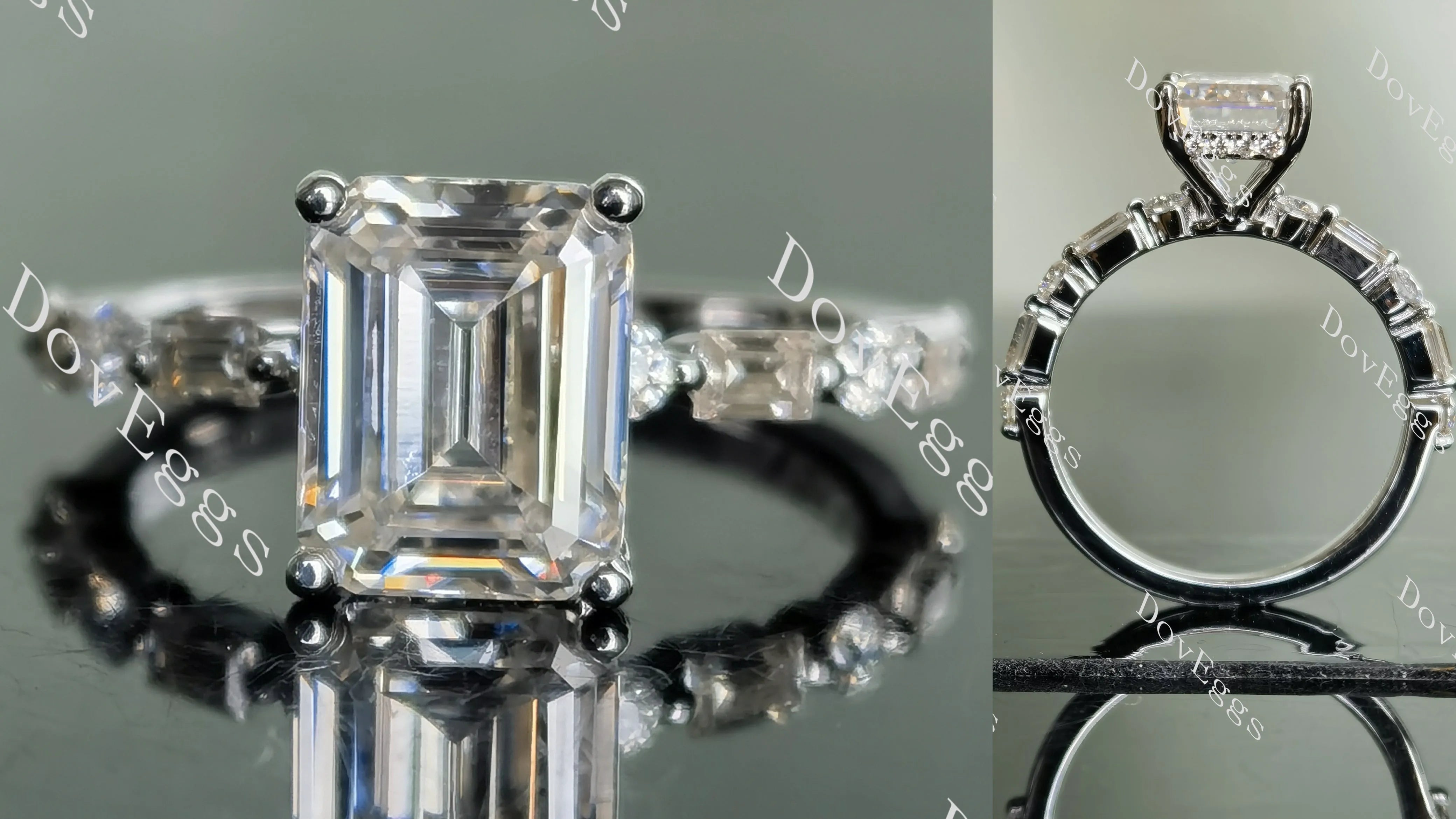 Doveggs emerald half eternity pave moissanite engagement ring