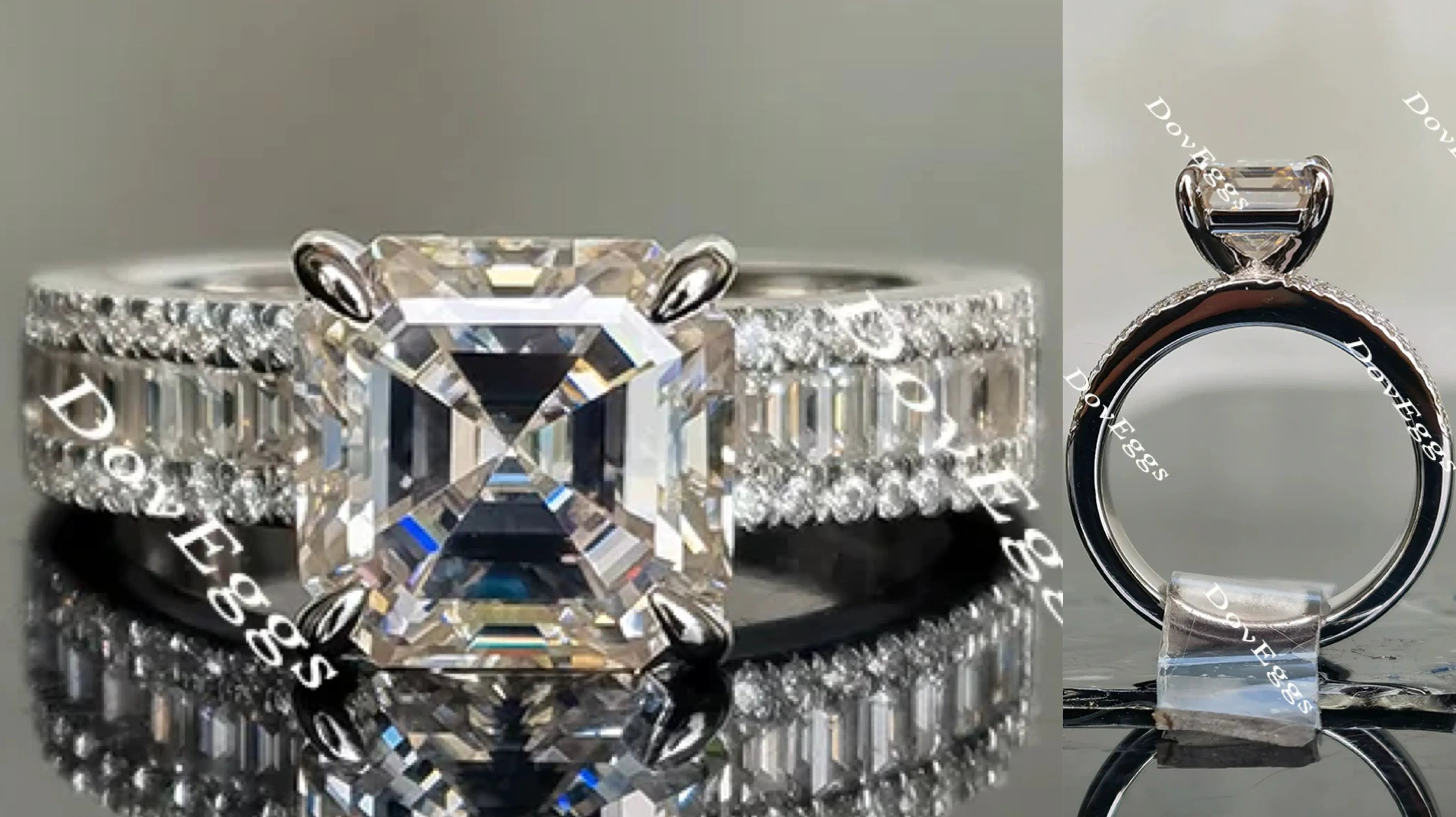 Doveggs asscher half eternity channel set and pave moissanite engagement ring