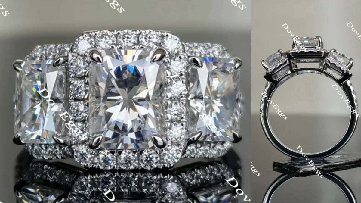 Doveggs halo three stone radiant moissanite engagement ring