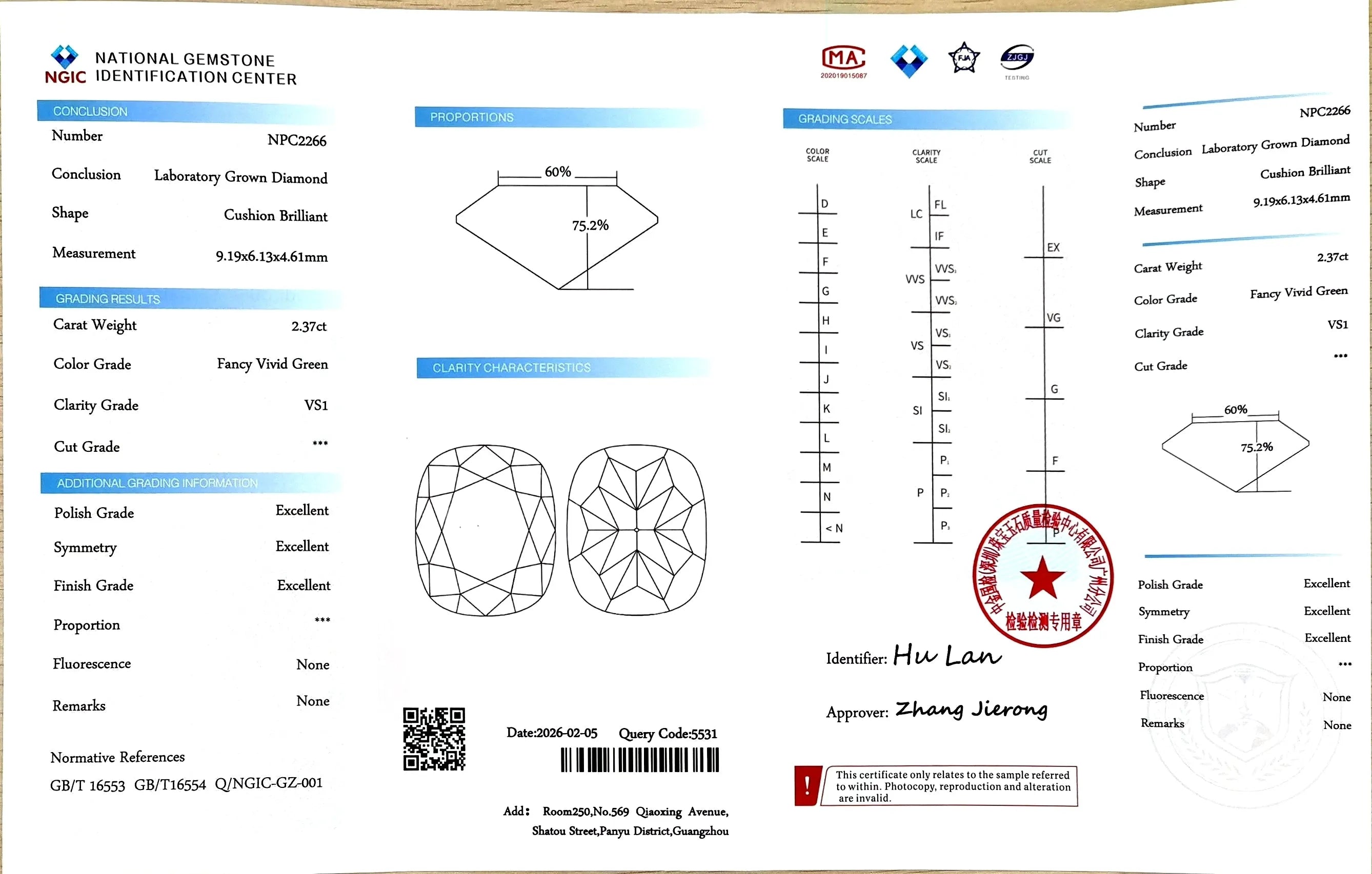 2.37ct Cushion Brilliant Cut Lab Diamond – Fancy Vivid Green Color VS1 | Doveggs Certified