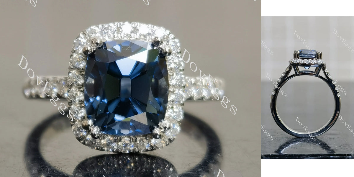 Doveggs cushion halo twilight blue moissanite engagement ring