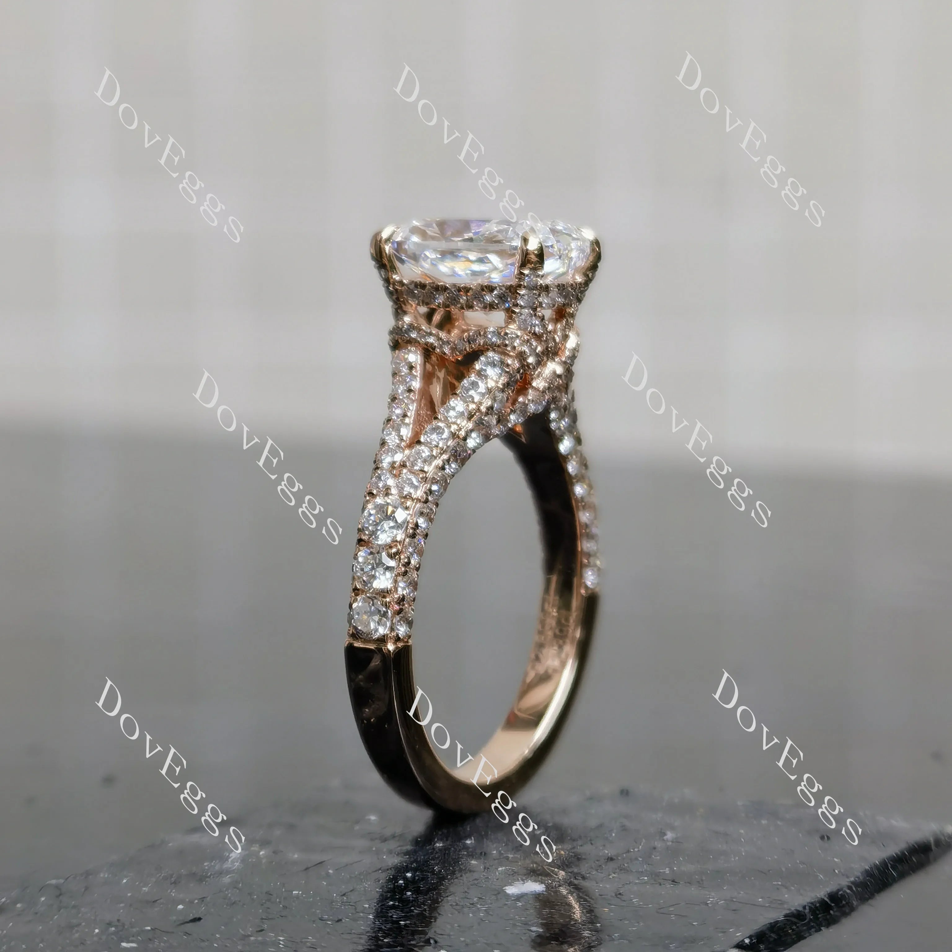 Emily's Hope-Cushion pave split shanks half eternity moissanite engagement ring|DovEggs