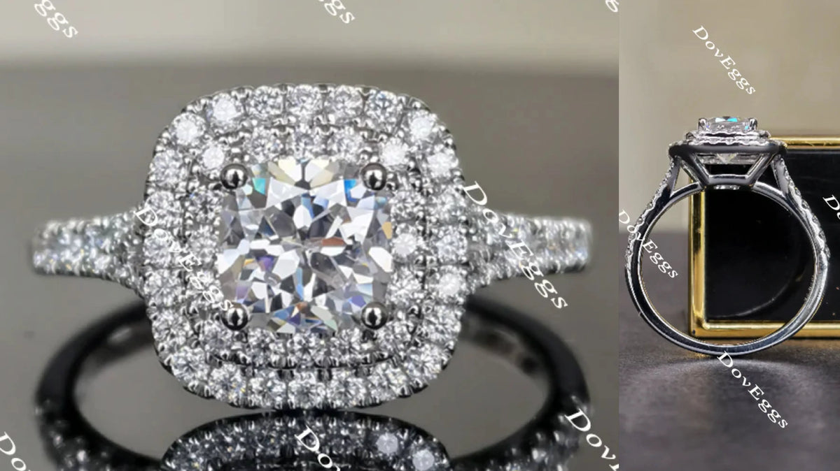 Cushion pave double halo moissanite engagement ring| DovEggs