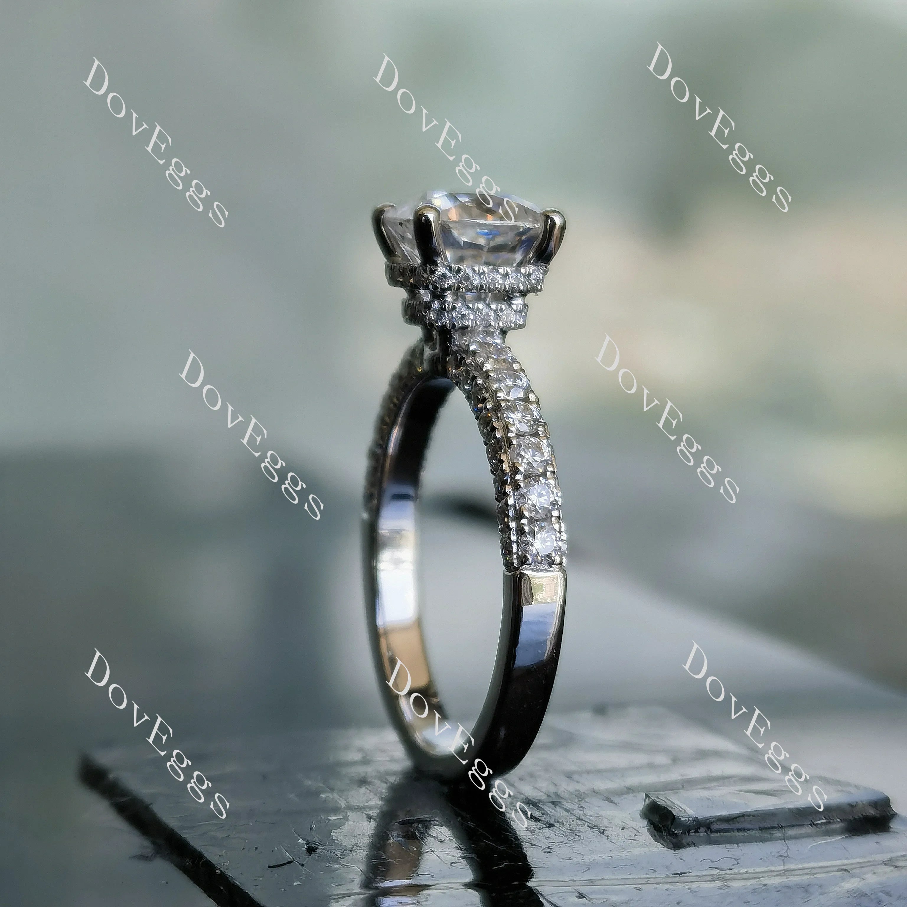 Doveggs cushion half eternity pave moissanite engagement ring