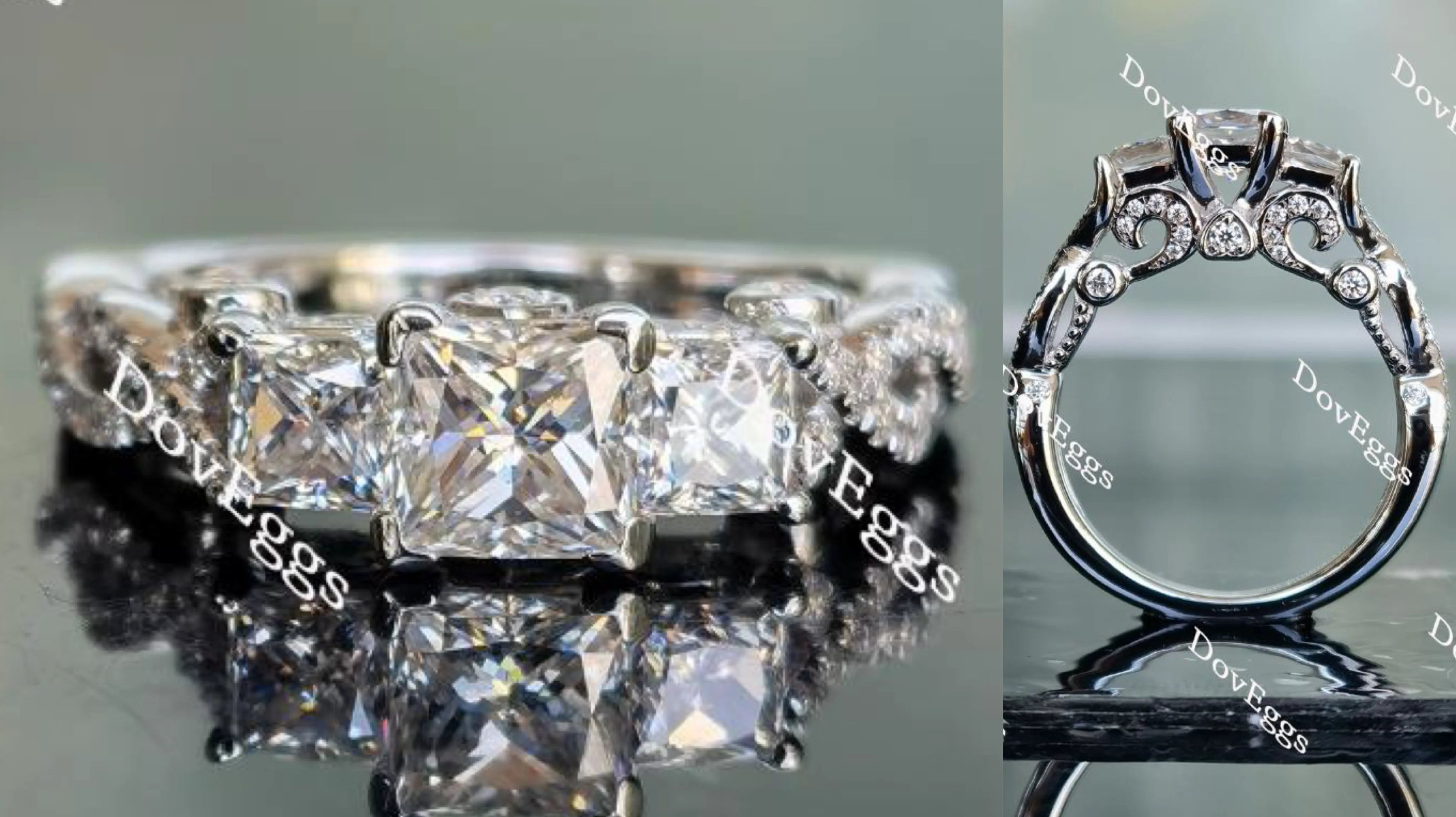 Doveggs princess pave vintage three-stone moissanite engagement ring