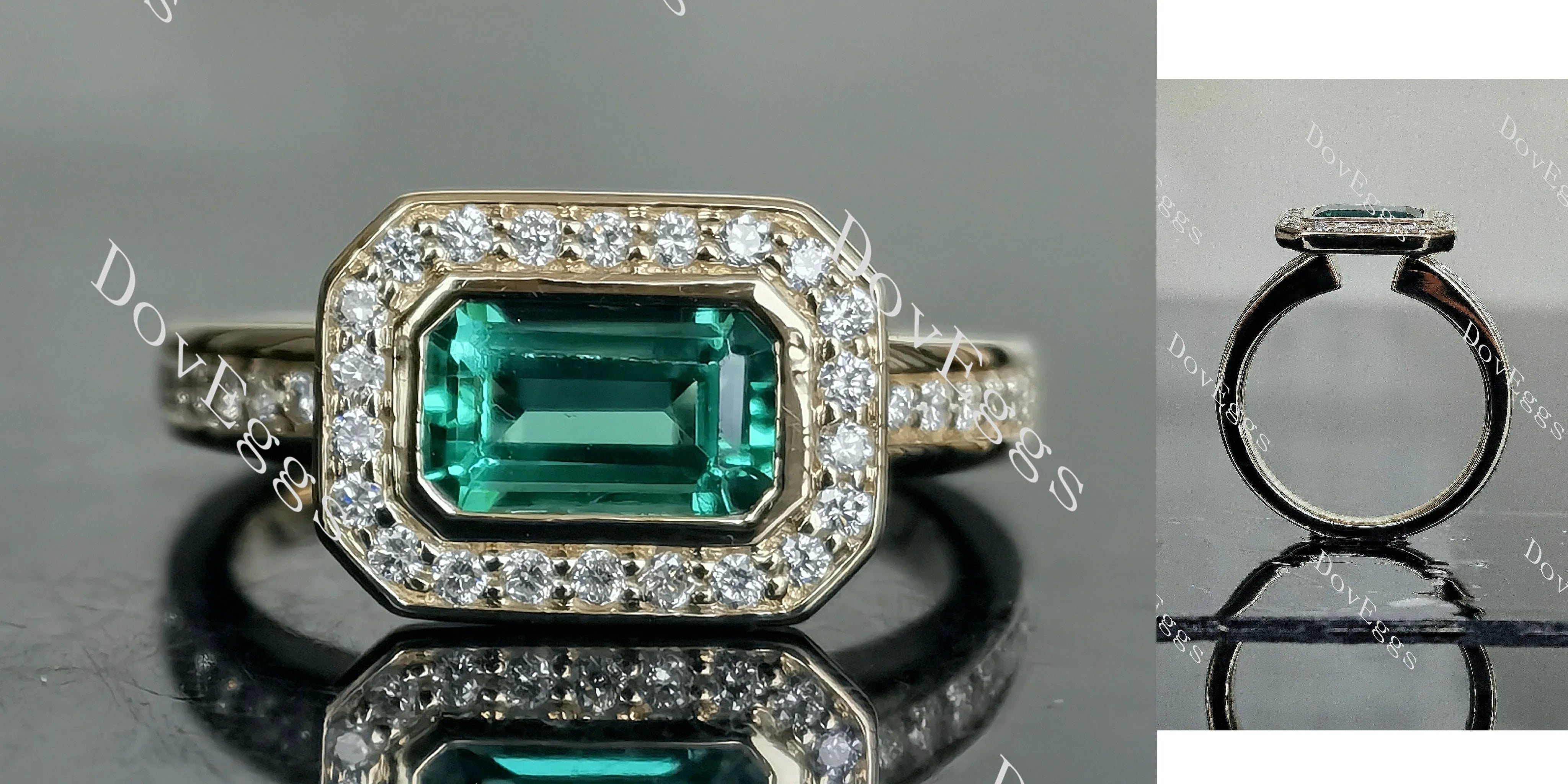 Doveggs elongated emerald halo colored gem engagement ring